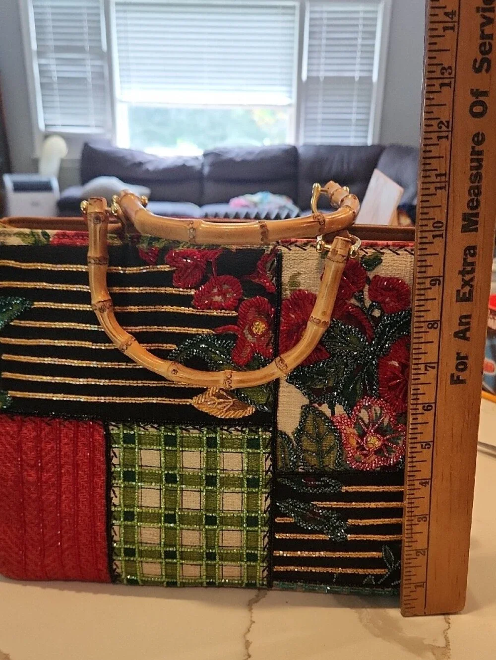 Isabella Fiore Vintage Y2K Beaded Patchwork Bamboo Handle Satchel Bag, RARE